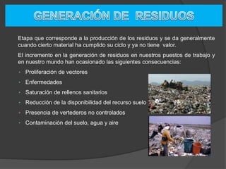 Etapa que corresponde a la producción de los residuos y se da generalmente
cuando cierto material ha cumplido su ciclo y ya no tiene valor.
El incremento en la generación de residuos en nuestros puestos de trabajo y
en nuestro mundo han ocasionado las siguientes consecuencias:
• Proliferación de vectores
• Enfermedades
• Saturación de rellenos sanitarios
• Reducción de la disponibilidad del recurso suelo
• Presencia de vertederos no controlados
• Contaminación del suelo, agua y aire
 