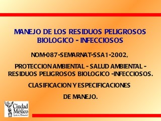 NOM-087-SEMARNAT-SSA1-2002,  PROTECCION AMBIENTAL - SALUD AMBIENTAL - RESIDUOS PELIGROSOS BIOLOGICO -INFECCIOSOS. CLASIFICACION Y ESPECIFICACIONES  DE MANEJO. MANEJO DE LOS RESIDUOS PELIGROSOS BIOLOGICO - INFECCIOSOS 
