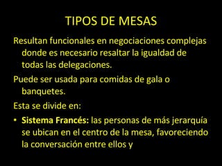 TIPOS DE MESAS Resultan funcionales en negociaciones complejas donde es necesario resaltar la igualdad de todas las delegaciones. Puede ser usada para comidas de gala o banquetes. Esta se divide en: Sistema Francés:  las personas de más jerarquía se ubican en el centro de la mesa, favoreciendo la conversación entre ellos y 