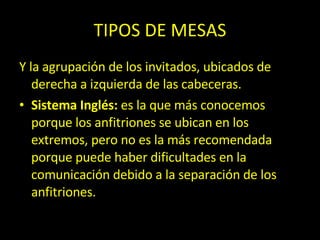 TIPOS DE MESAS Y la agrupación de los invitados, ubicados de derecha a izquierda de las cabeceras. Sistema Inglés:  es la que más conocemos porque los anfitriones se ubican en los extremos, pero no es la más recomendada porque puede haber dificultades en la comunicación debido a la separación de los anfitriones. 