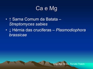 Ca e Mg
• ↑ Sarna Comum da Batata –
Streptomyces sabies
• ↓ Hérnia das cruciferas – Plasmodiophora
brassicae
Eng. Agr. M.Sc. Renato Tratch
 