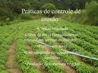 •Cordão vegetado
Curva de nível (terraceamento,
murundum, terraço embutido) ...
•Plantio em nível
•Uso adequado de equipamentos
agrícolas
•Produção de cobertura vegetal
Práticas de controle de
erosão
 