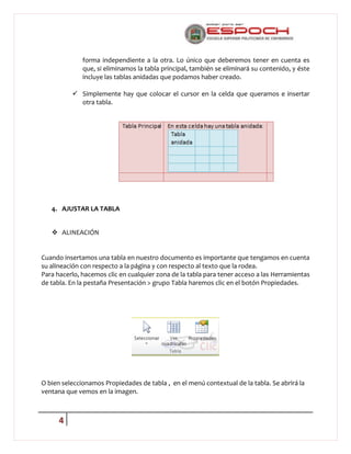 forma independiente a la otra. Lo único que deberemos tener en cuenta es
que, si eliminamos la tabla principal, también se eliminará su contenido, y éste
incluye las tablas anidadas que podamos haber creado.
 Simplemente hay que colocar el cursor en la celda que queramos e insertar
otra tabla.

4. AJUSTAR LA TABLA
 ALINEACIÓN

Cuando insertamos una tabla en nuestro documento es importante que tengamos en cuenta
su alineación con respecto a la página y con respecto al texto que la rodea.
Para hacerlo, hacemos clic en cualquier zona de la tabla para tener acceso a las Herramientas
de tabla. En la pestaña Presentación > grupo Tabla haremos clic en el botón Propiedades.

O bien seleccionamos Propiedades de tabla , en el menú contextual de la tabla. Se abrirá la
ventana que vemos en la imagen.

4

 