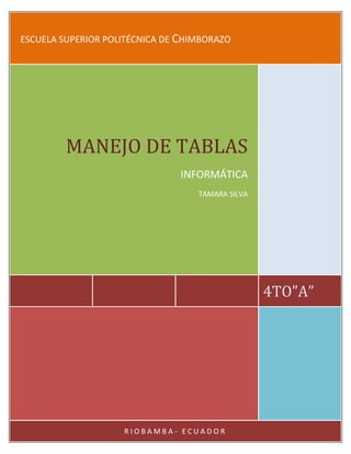 ESCUELA SUPERIOR POLITÉCNICA DE CHIMBORAZO

MANEJO DE TABLAS
INFORMÁTICA
TAMARA SILVA

4TO”A”

RIOBAMBA- ECUADOR

 