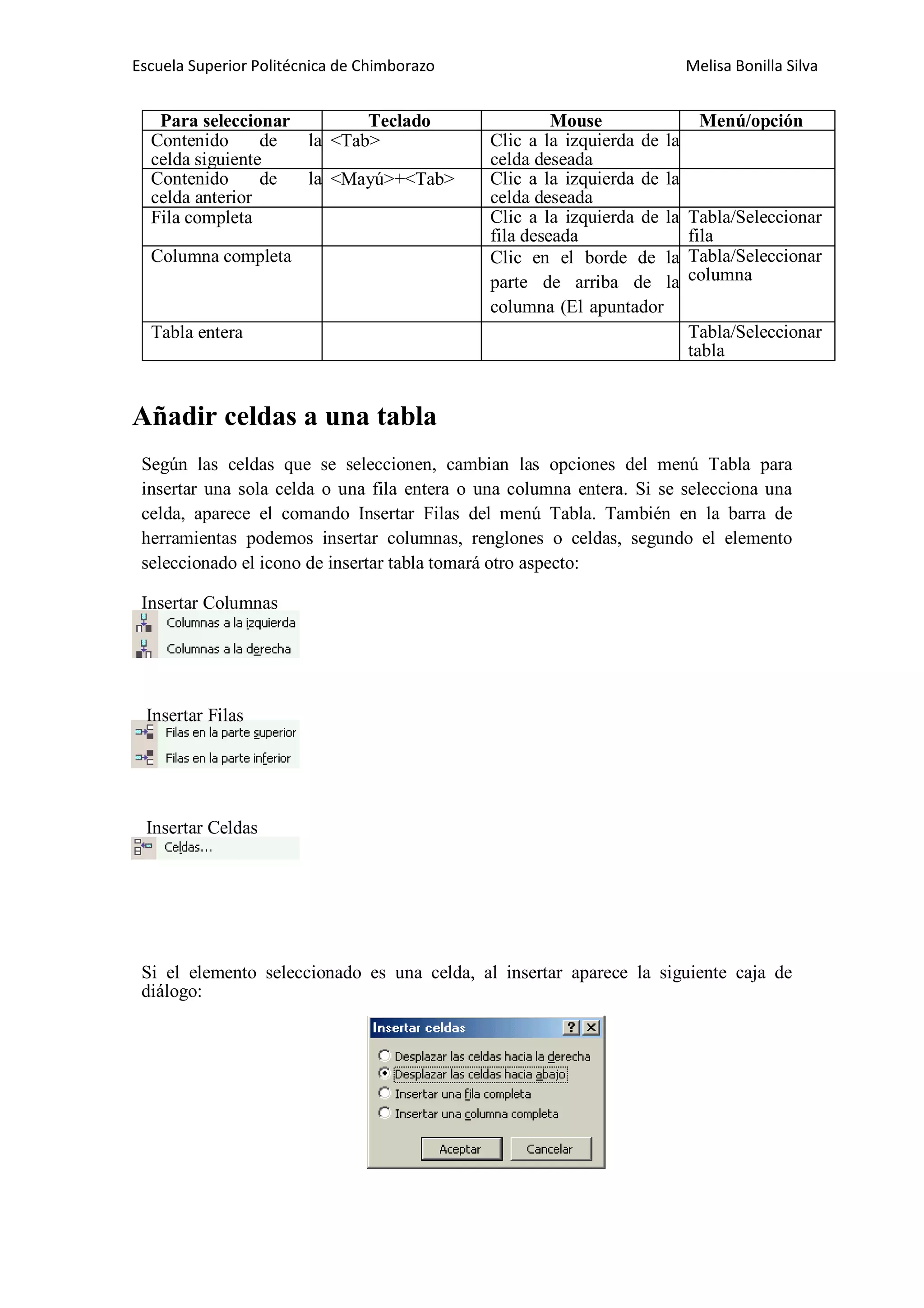 Escuela Superior Politécnica de Chimborazo

Para seleccionar
Teclado
Contenido
de
la <Tab>
celda siguiente
Contenido
de
la <Mayú>+<Tab>
celda anterior
Fila completa
Columna completa

Tabla entera

Melisa Bonilla Silva

Mouse
Clic a la izquierda de la
celda deseada
Clic a la izquierda de la
celda deseada
Clic a la izquierda de la
fila deseada
Clic en el borde de la
parte de arriba de la
columna (El apuntador
se convierte en XX)

Menú/opción

Tabla/Seleccionar
fila
Tabla/Seleccionar
columna
Tabla/Seleccionar
tabla

Añadir celdas a una tabla
Según las celdas que se seleccionen, cambian las opciones del menú Tabla para
insertar una sola celda o una fila entera o una columna entera. Si se selecciona una
celda, aparece el comando Insertar Filas del menú Tabla. También en la barra de
herramientas podemos insertar columnas, renglones o celdas, segundo el elemento
seleccionado el icono de insertar tabla tomará otro aspecto:
Insertar Columnas

Insertar Filas

Insertar Celdas

Si el elemento seleccionado es una celda, al insertar aparece la siguiente caja de
diálogo:

 