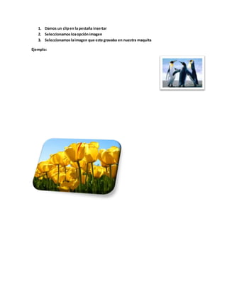 1. Damos un clipen la pestaña insertar
2. Seleccionamosloaopción imagen
3. Seleccionamoslaimagen que este gravaba en nuestra maquita
Ejemplo: