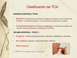 Clasificación de TCA
ANOREXIA NERVIOSA- TIPOS

•   Restrictiva: restricción alimentaria y/o ejercicio excesivo como formas...