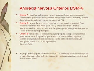 Anorexia nervosa Criterios DSM-V
•   Criterio A : modificaría eliminando ejemplo numérico. Mejor correlacionado con
    va...