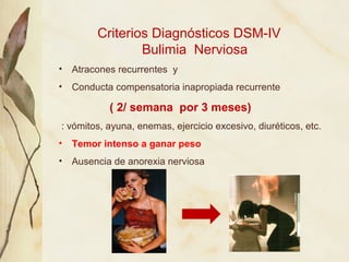 Criterios Diagnósticos DSM-IV
                Bulimia Nerviosa
• Atracones recurrentes y
• Conducta compensatoria inapropi...
