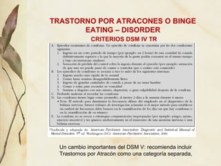 TRASTORNO POR ATRACONES O BINGE
       EATING – DISORDER
              CRITERIOS DSM IV TR




  Un cambio importantes del...