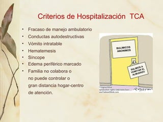 Criterios de Hospitalización TCA
•   Fracaso de manejo ambulatorio
•   Conductas autodestructivas
•   Vómito intratable
  ...