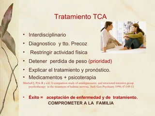 Tratamiento TCA

• Interdisciplinario
• Diagnostico y tto. Precoz
•     Restringir actividad física
• Detener perdida de p...