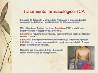 Tratamiento farmacológico TCA
•   En casos de depresión y para reducir frecuencia e intensidad de las
    compulsiones bul...