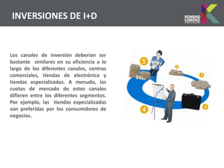 INVERSIONES DE I+D


Los canales de inversión deberían ser
bastante similares en su eficiencia a lo
largo de los diferentes canales, centros
comerciales, tiendas de electrónica y
tiendas especializadas. A menudo, las
cuotas de mercado de estos canales
difieren entre los diferentes segmentos.
Por ejemplo, las tiendas especializadas
son preferidas por los consumidores de
negocios.
 