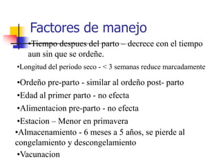 Factores de manejo
•Tiempo despues del parto – decrece con el tiempo
aun sin que se ordeñe.
•Longitud del periodo seco - < 3 semanas reduce marcadamente
•Ordeño pre-parto - similar al ordeño post- parto
•Edad al primer parto - no efecta
•Alimentacion pre-parto - no efecta
•Estacion – Menor en primavera
•Almacenamiento - 6 meses a 5 años, se pierde al
congelamiento y descongelamiento
•Vacunacion
 
