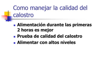 Como manejar la calidad del
calostro
 Alimentación durante las primeras
2 horas es mejor
 Prueba de calidad del calostro
 Alimentar con altos niveles
 