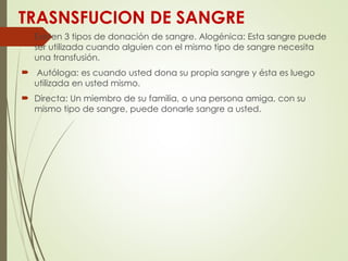 TRASNSFUCION DE SANGRE
 Existen 3 tipos de donación de sangre. Alogénica: Esta sangre puede
ser utilizada cuando alguien con el mismo tipo de sangre necesita
una transfusión.
 Autóloga: es cuando usted dona su propia sangre y ésta es luego
utilizada en usted mismo.
 Directa: Un miembro de su familia, o una persona amiga, con su
mismo tipo de sangre, puede donarle sangre a usted.
 