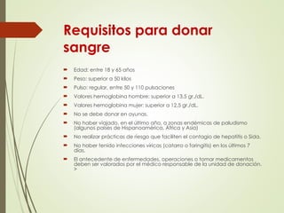 Requisitos para donar
sangre
 Edad: entre 18 y 65 años
 Peso: superior a 50 kilos
 Pulso: regular, entre 50 y 110 pulsaciones
 Valores hemoglobina hombre: superior a 13,5 gr./dL.
 Valores hemoglobina mujer: superior a 12,5 gr./dL.
 No se debe donar en ayunas.
 No haber viajado, en el último año, a zonas endémicas de paludismo
(algunos países de Hispanoamérica, África y Asia)
 No realizar prácticas de riesgo que faciliten el contagio de hepatitis o Sida.
 No haber tenido infecciones víricas (catarro o faringitis) en los últimos 7
días.
 El antecedente de enfermedades, operaciones o tomar medicamentos
deben ser valorados por el médico responsable de la unidad de donación.
>
 