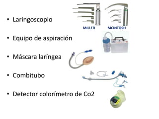 LaringoscopioEquipo de aspiraciónMáscara laríngeaCombituboDetector colorímetro de Co2MILLER MCINTOSH