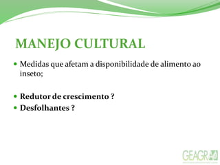 MANEJO CULTURAL
 Medidas que afetam a disponibilidade de alimento ao
inseto;
 Redutor de crescimento ?
 Desfolhantes ?
 