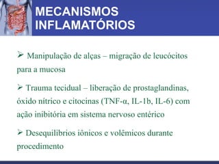 MECANISMOS INFLAMATÓRIOS Manipulação de alças – migração de leucócitos para a mucosa Trauma tecidual – liberação de prostaglandinas, óxido nítrico e citocinas (TNF-α, IL-1b, IL-6) com ação inibitória em sistema nervoso entérico  Desequilibrios iônicos e volêmicos durante procedimento 