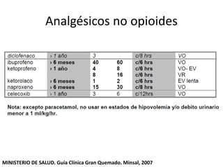 Analgésicos no opioides
MINISTERIO DE SALUD. Guía Clínica Gran Quemado. Minsal, 2007
 