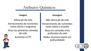 Atributos Químicos
Calagem Gessagem
Não altera ph do solo
Fornecimento de nutrientes
como cálcio e enxofre
Atua em camadas mais
profundas do solo
Reduz alumínio toxico em
profundidade
Altera ph do solo
Fornecimento de nutrientes
como cálcio e magnésio
Atua nas primeiras camadas
do solo
Aumenta a CTC
 