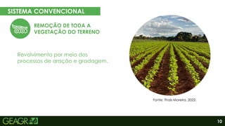 10
SISTEMA CONVENCIONAL
EM CINCO PASSOS
Revolvimento por meio dos
processos de aração e gradagem.
Eixo motor
Eixo movido
Fonte: acervo pessoal, 2022.
REMOÇÃO DE TODA A
VEGETAÇÃO DO TERRENO
Fonte: Thaís Moreira, 2022.
 