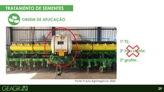 29
TRATAMENTO DE SEMENTES
EM CINCO PASSOS
ORDEM DE APLICAÇÃO
Eixo motor
Eixo movido
1º TS;
2º inoculante;
3º grafite.
Fonte: Futuro Agronegócios, 2023.
 