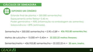 33
CÁLCULOS DE SEMEADURA
EM CINCO PASSOS
SUPONDO UM CENÁRIO
Eixo motor
Eixo movido
Estande final de plantas = 350.000 sementes/ha;
Espaçamento entre fileiras= 0,45 m;
Poder germinativo = 90% (informação na embalagem de sementes);
Sobrevivência = 89% (estimada).
Sementes/ha = 350.000 sementes/ha ÷ 0,90 x 0,89 =
Metros de sulco/ha = 10.000 m²÷ 0,45m =
Sementes/metro = 436.953,80 sementes/ha ÷ 22.222,22 m =
436.953,80 sementes/ha;
22.222,22 metros lineares;
20 sem./metro.
 