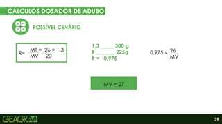 39
CÁLCULOS DOSADOR DE ADUBO
Eixo motor
Eixo movido
R=
POSSÍVEL CENÁRIO
MT = 26 = 1,3
MV 20
1,3 _____ 300 g
R _______ 225g
R =
0,975 = 26
MV
MV = 27
0,975
 