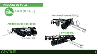 5
PREPARO DE SOLO
EM CINCO PASSOS
GRADE (20-25 cm)
Eixo motor
Eixo movido
Aradora (grade pesada);
Fonte: Baldan, 2023.
Aradora (intermediária);
Niveladora.
 