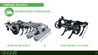 7
PREPARO DE SOLO
ESCARIFICADOR E SUBSOLADOR
Eixo motor
Eixo movido
Haste de até 1 m (cana).
Haste de até 0,30 m; <
 