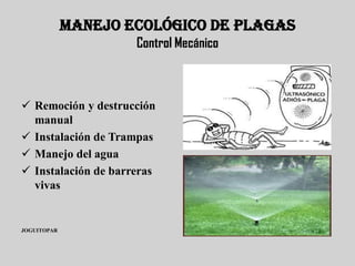 MANEJO ECOLÓGICO DE PLAGAS
                     Control Mecánico



 Remoción y destrucción
  manual
 Instalación de Trampas
 Manejo del agua
 Instalación de barreras
  vivas


JOGUITOPAR
 