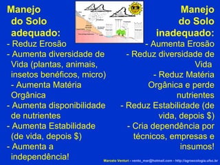 Marcelo Venturi -  [email_address]  -  http://agroecologia.ufsc.br Manejo do Solo adequado: - Reduz Erosão - Aumenta diversidade de Vida (plantas, animais, insetos benéficos, micro) - Aumenta Matéria Orgânica  - Aumenta disponibilidade de nutrientes - Aumenta Estabilidade (de vida, depois $)‏ - Aumenta a  independência! Manejo do Solo inadequado: - Aumenta Erosão - Reduz diversidade de Vida  - Reduz Matéria Orgânica e perde nutrientes - Reduz Estabilidade (de vida, depois $)‏ - Cria dependência por técnicos, empresas e insumos! 