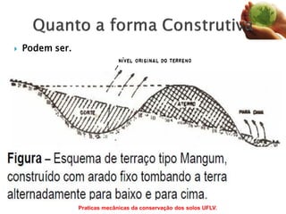  Podem ser.
 Tipo Nichols: É construído movimentando a terra sempre
de cima para baixo, formando um canal triângulo.
 Tipo Manghum: É constuído pela movimentação da terra
tanto de cima para baixo como de baixo para cima.
Apresenta canal mais largo e raso e maior capacidade de
armazenamento de água.
www.ebah.com.br/content/ABAAABTdUAJ/terraceamento-ufla
Praticas mecânicas da conservação dos solos UFLV.
 