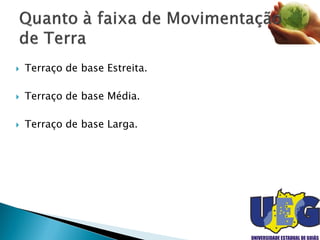  Terraço de base Estreita.
 Terraço de base Média.
 Terraço de base Larga.
 
