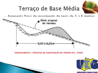  Apresenta faixa de movimento de terra de 3 a 6 metros
de largura.
 Seu uso e recomendado para pequenas e médias
propriedades, onde haja maquinaria de pequeno ou
médio porte.
 Pode ser cultivado no seu talude a jusante, o que faz
com que a construção acarrete perda de apenas 2,5 a
3,5 % da área.TERRACEMENTO – PRATICAS DE CONSTRUÇÃO DE TERROS IFG – IPORA
 