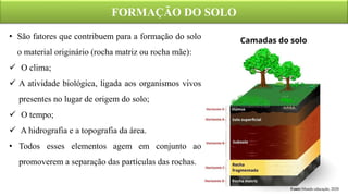 FORMAÇÃO DO SOLO
Fonte:Mundo educação, 2020
• São fatores que contribuem para a formação do solo
o material originário (rocha matriz ou rocha mãe):
 O clima;
 A atividade biológica, ligada aos organismos vivos
presentes no lugar de origem do solo;
 O tempo;
 A hidrografia e a topografia da área.
• Todos esses elementos agem em conjunto ao
promoverem a separação das partículas das rochas.
 