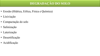 DEGRADAÇÃO DO SOLO
• Erosão (Hídrica, Eólica, Física e Química)
• Lixiviação
• Compactação do solo
• Salinização
• Laterização
• Desertificação
• Acidificação
 