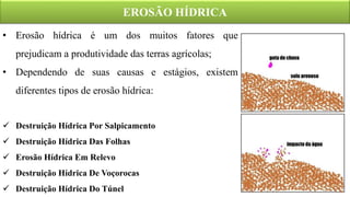 EROSÃO HÍDRICA
• Erosão hídrica é um dos muitos fatores que
prejudicam a produtividade das terras agrícolas;
• Dependendo de suas causas e estágios, existem
diferentes tipos de erosão hídrica:
 Destruição Hídrica Por Salpicamento
 Destruição Hídrica Das Folhas
 Erosão Hídrica Em Relevo
 Destruição Hídrica De Voçorocas
 Destruição Hídrica Do Túnel
 