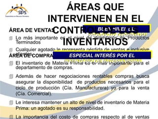 ÁREA DE VENTAS
 Lo más importante es el nivel de inventarios de Productos
Terminados
 Cualquier agotado le representa pérdida de ventas e inclusive
clientes.
BUEN NIVEL DE
PRODUCTO TERMINADO
ÁREA DE COMPRAS
 El inventario de Materia Prima es el más importante para el
departamento de compras.
 Además de hacer negociaciones rentables compras busca
asegurar la disponibilidad de productos necesarios para el
ciclo de producción (Cía. Manufacturera) yo para la venta
(Cía. Comercial).
 Le interesa mantener un alto de nivel de inventario de Materia
Prima: un agotado es su responsabilidad.
 La importancia del costo de compras respecto al de ventas
ESPECIAL INTERÉS POR EL
INVENTARIO DE MATERIA PRIMA
ÁREAS QUE
INTERVIENEN EN EL
CONTROL DE LOS
INVENTARIOS
 
