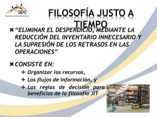 FILOSOFÍA JUSTO A
TIEMPO
“ELIMINAR EL DESPERDICIO, MEDIANTE LA
REDUCCIÓN DEL INVENTARIO INNECESARIO Y
LA SUPRESIÓN DE LOS RETRASOS EN LAS
OPERACIONES”
CONSISTE EN:
 Organizar los recursos,
 Los flujos de información, y
 Las reglas de decisión para aprovechar los
beneficios de la filosofía JIT
 