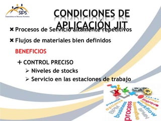 CONDICIONES DE
APLICACIÓN JIT
Procesos de Servicio altamente repetitivos
Flujos de materiales bien definidos
BENEFICIOS
 CONTROL PRECISO
 Niveles de stocks
 Servicio en las estaciones de trabajo
 