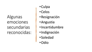 Algunas
emociones
secundarias
reconocidas:
•Culpa
•Celos
•Resignación
•Angustia
•Incertidumbre
•Indignación
•Soledad
•Odio
 