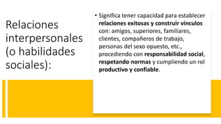 Relaciones
interpersonales
(o habilidades
sociales):
• Significa tener capacidad para establecer
relaciones exitosas y construir vínculos
con: amigos, superiores, familiares,
clientes, compañeros de trabajo,
personas del sexo opuesto, etc.,
procediendo con responsabilidad social,
respetando normas y cumpliendo un rol
productivo y confiable.
 