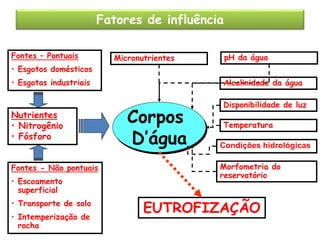 Fatores de influência
Fontes – Pontuais

Micronutrientes

pH da água

• Esgotos domésticos
• Esgotos industriais

Nutrientes
• Nitrogênio
• Fósforo
Fontes - Não pontuais
• Escoamento
superficial
• Transporte de solo
• Intemperização de
rocha

Alcalinidade da água

Corpos
Corpos
D’água
D’água

Disponibilidade de luz
Temperatura
Condições hidrológicas
Morfometria do
reservatório

EUTROFIZAÇÃO

 