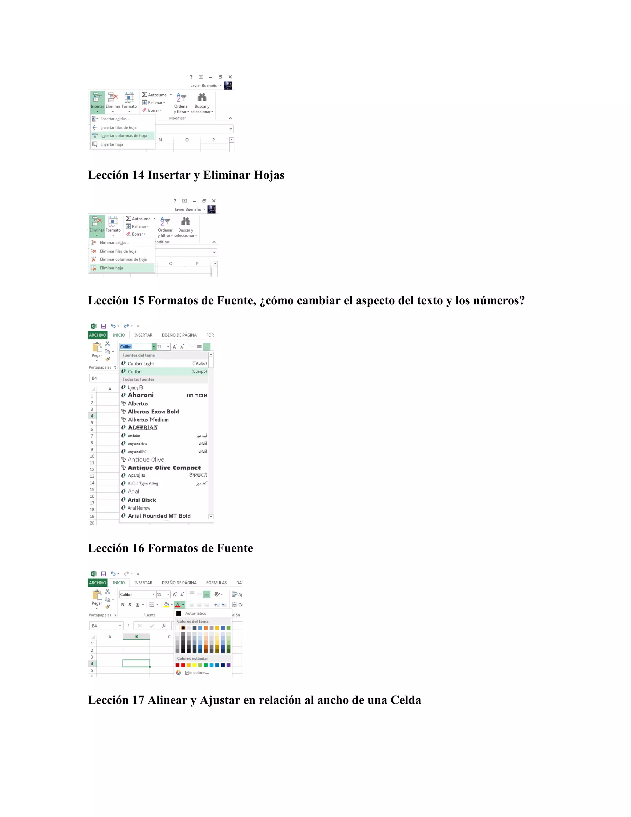 Lección 14 Insertar y Eliminar Hojas
Lección 15 Formatos de Fuente, ¿cómo cambiar el aspecto del texto y los números?
Lección 16 Formatos de Fuente
Lección 17 Alinear y Ajustar en relación al ancho de una Celda
 