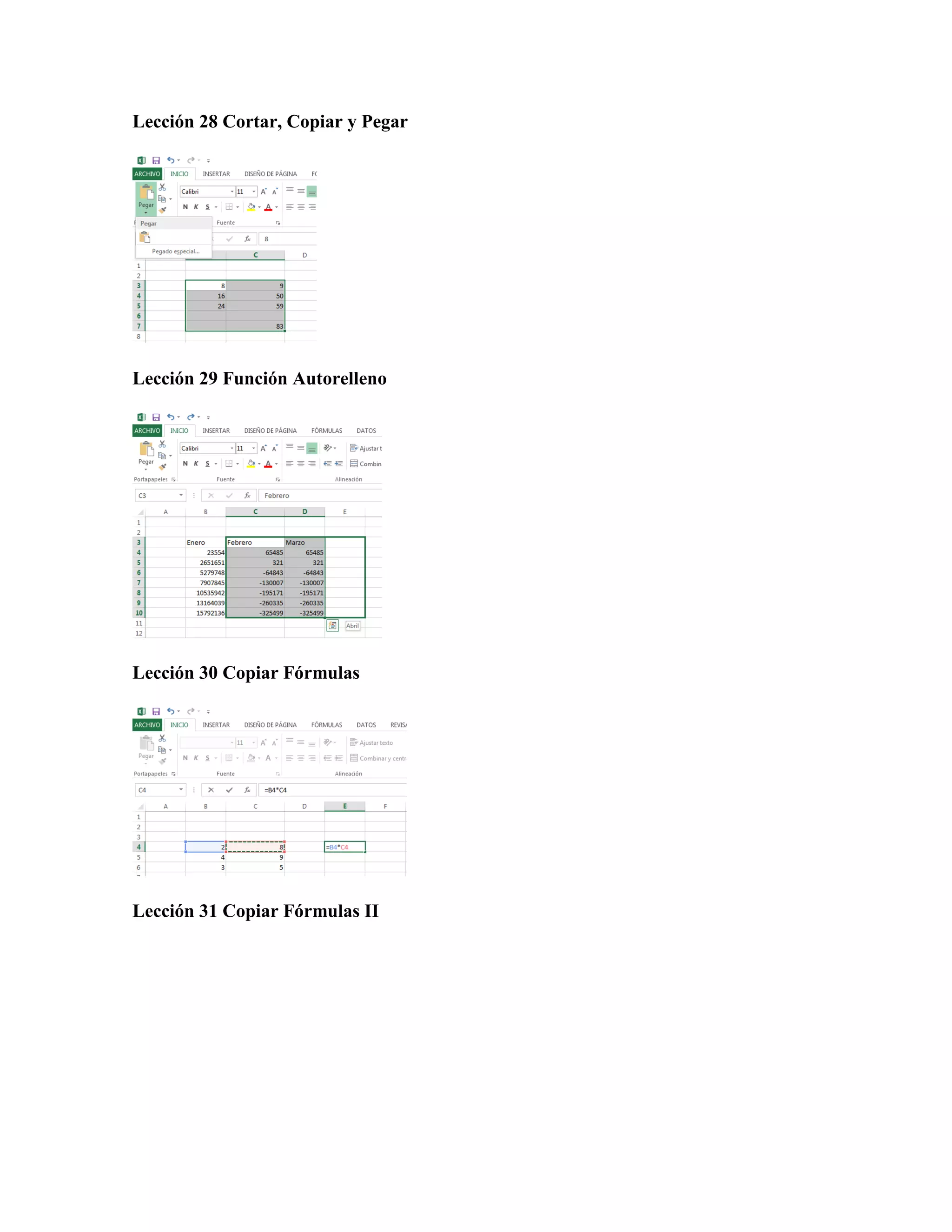 Lección 28 Cortar, Copiar y Pegar
Lección 29 Función Autorelleno
Lección 30 Copiar Fórmulas
Lección 31 Copiar Fórmulas II
 