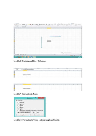 Lección8 AjustesparaFilasy Columnas
Lección9 HerramientaZoom
Lección10Formato a la Tabla - AlinearyaplicarNegrita
 